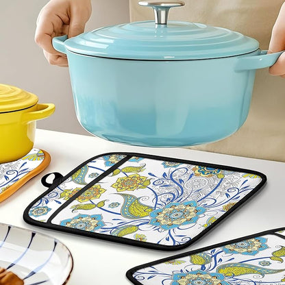 Boho Floral Oven Mitts Set, Vintage Luxury Blue and Gold Flower Floral Heat Resistant Kitchen Oven Gloves for Baking and Cooking,Pot Holders - Image 6