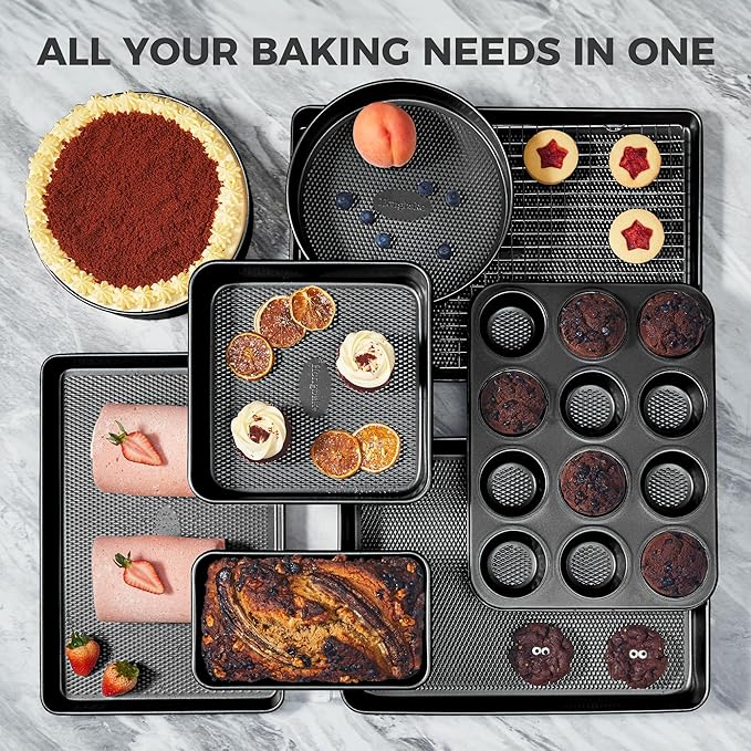 HONGBAKE 9-Piece Baking Pans Set Nonstick, Stackable Non Toxic Bakeware Sets with Diamond Texture, Oven Pan Set for Cooking, Includes Cookie Sheet with Rack, Cake Pan, Roasting Pan, Muffin Tin, Gray - Image 4
