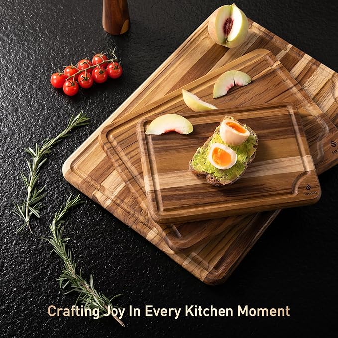 Teak Wood Cutting Board Set for Kitchen High-End Non Toxic Non Slip Over Sink Solid Thick Wood Haus Chopping Board Extra Large Big Small Best Kitchen Essential House Warming Hostess Host Gift - Image 9