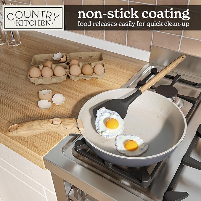 Country Kitchen Cookware Set with Removable Handle, Oven & RV Safe Pots and Pans Set, Grey/Ivory Wood Handle, Original - Image 4