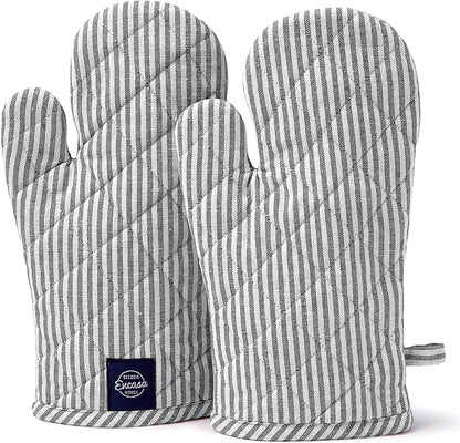 Encasa XO Long 12"x7" Oven Microwave Hand Gloves Mitts (2 pc Set) for Kitchen Cooking & Baking - Heat Resistant, Thick & Safe, Protection of Hands from Hot Utensils - Ticking Black