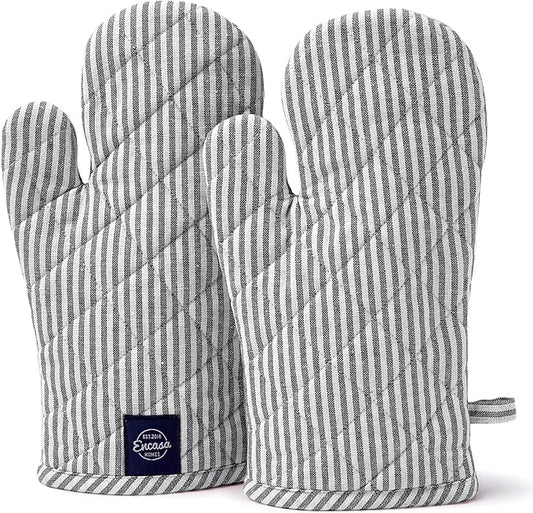 Encasa XO Long 12"x7" Oven Microwave Hand Gloves Mitts (2 pc Set) for Kitchen Cooking & Baking - Heat Resistant, Thick & Safe, Protection of Hands from Hot Utensils - Ticking Black