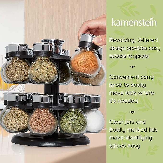 Kamenstein Ellington 16 Jar Revolving Spice Rack with Prefilled Spices - Rotating Chrome and Plastic Countertop Organizer with Sifter Caps and Labeled Lids - Image 7