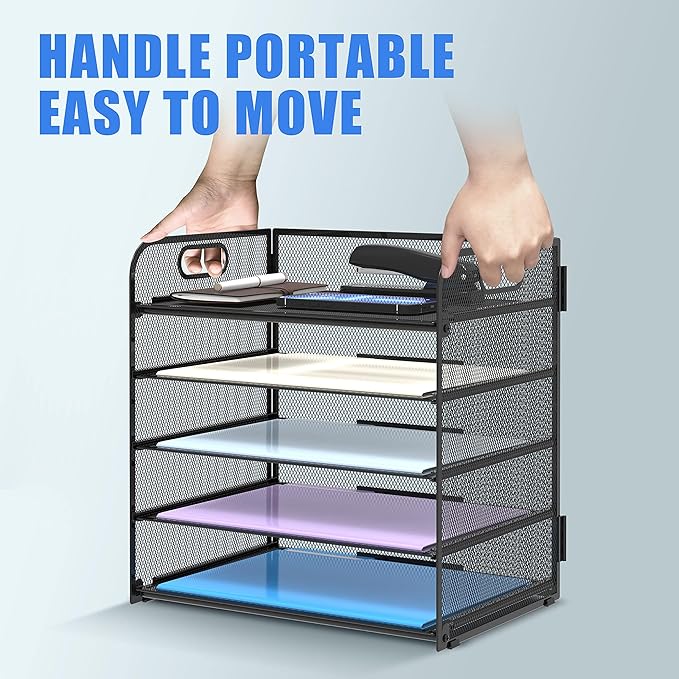 Supeasy 2 Pack 5-Tier Desk Organizer with Handle Mesh Desk File/Paper Organizer Letter Tray for Office, School, Classroom and Home Easy Installation, Black - Image 5
