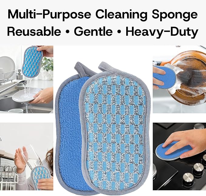 Multi-Purpose Scrub Kitchen Sponges – 12 Pack Dish Sponge, Dual-Sided Non-Scratch Microfiber & Metal Scrubber, Reusable Sponges for Dishes, Pots, Glass, Sink, Stovetop & Bathroom (Blue+Sliver) - Image 3