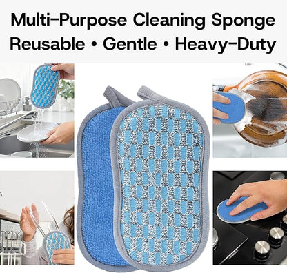 Multi-Purpose Scrub Kitchen Sponges – 12 Pack Dish Sponge, Dual-Sided Non-Scratch Microfiber & Metal Scrubber, Reusable Sponges for Dishes, Pots, Glass, Sink, Stovetop & Bathroom (Blue+Sliver) - Image 3