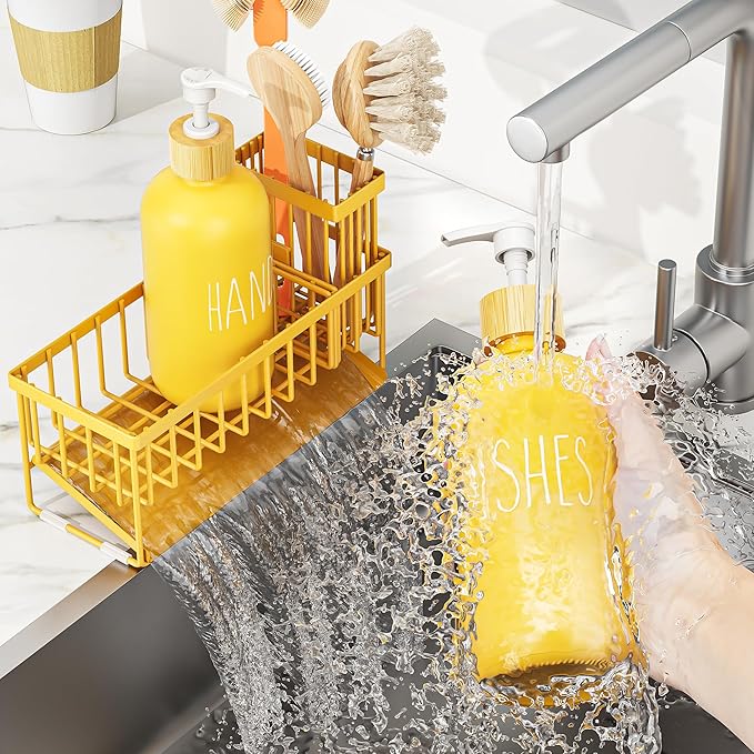 Cisily Yellow Dish Soap Dispenser Set, 16 fl Oz Dual Kitchen Soap Dispensers with Sponge Holder, Customized Stainless Steel Kitchen Soap Dispenser Set, Lemon Kitchen Decor and Accessories - Image 6