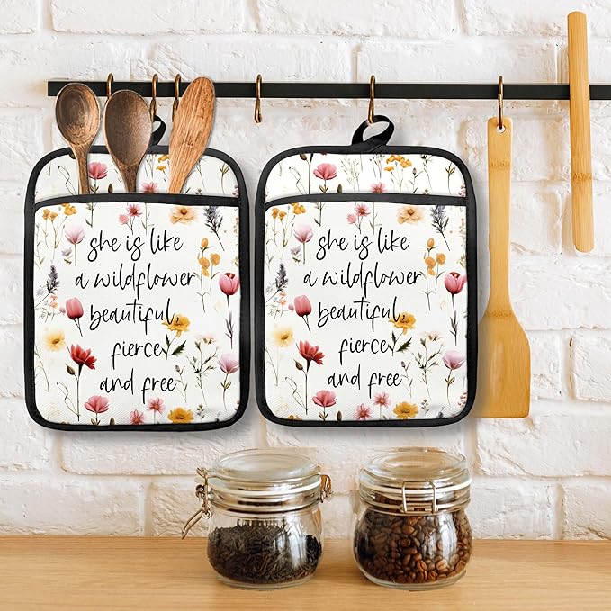 Inspirational Floral Pot Holders with Pockets, She is Like a Wildflower Oven Pot Holders Heat Resistant Oven Mitts Hot Pads for Kitchen Baking Cooking