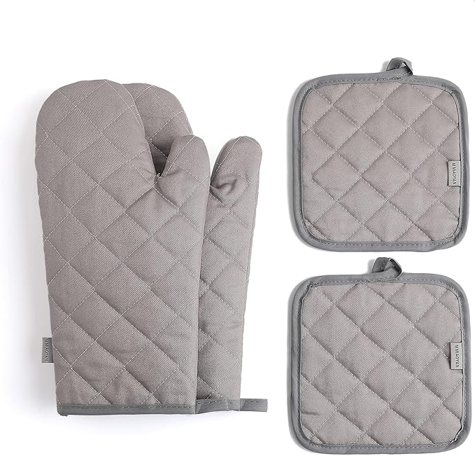 Oven Mitts and Pot Holders 4 pcs Set,High Heat Resistant 500 Degree Extra Thicken Long Kitchen Cotton Oven Glove for Cooking (12 Inch,Grey) by M+MIAOYAN
