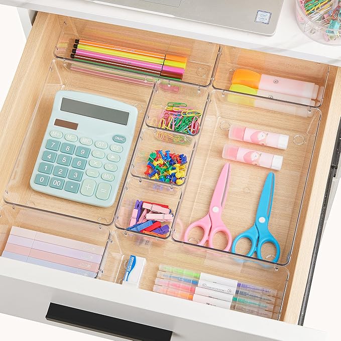 Vtopmart 44 PCS Clear Plastic Drawer Organizers Set, 4-Size Versatile Bathroom and Vanity Organizer Trays, Non-Slip Storage Containers for Makeup, Jewelries, Bedroom，Kitchen Utensils and Office - Image 4