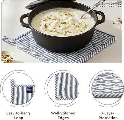 Encasa XO Heat Resistant 100% Cotton Oven Glove & Potholder Set with Loop, Kitchen Cooking Mittens, Microwave Safe Hot Pads (Ticking Navy Blue)