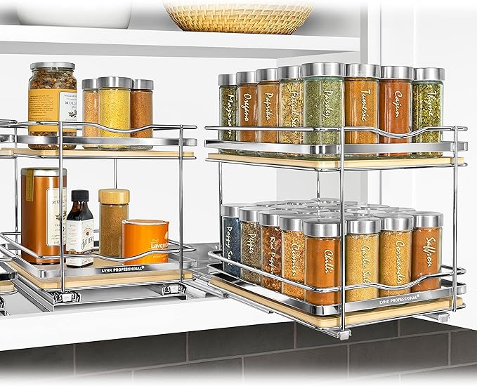 LYNK PROFESSIONAL® Élite™ Pull Out Spice Organization for Cabinets - 8-3/8 inch Wide – Spice Rack for Inside Cabinets – Wood/Chrome - Sliding Spice Rack Organizer for cabinet – Spice Rack - 2 Tier - Image 7