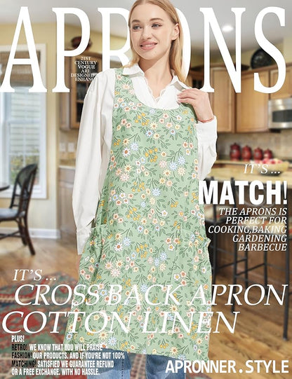 Cozy Adjustable Cross Back Aprons for Women with Pockets Cotton Linen Cooking Kitchen Baking