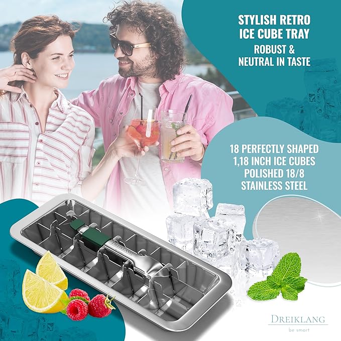 Stainless Steel Polished Ice Cube Tray for freezer with Lever Insert for Easy Release with cold-insulated comfort grip | Food-Safe & Durable Ice Cube Maker | Plastic-Free Large