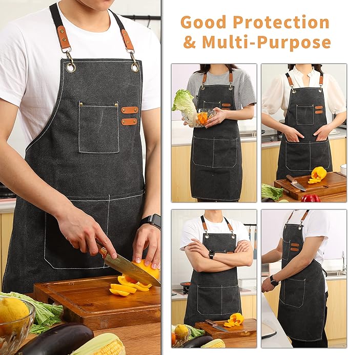Tosewever Canvas Cross Back Chef Cotton Aprons for Men Women with Large Pockets - Image 5