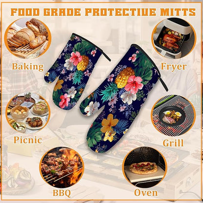 Palm Leaf Tropical Oven Mitts and Pot Holders,Pineapple Hibiscus Heat Resistant Oven Mitts Gloves and Pot Holder for Home Kitchen Decorations Cooking Baking BBQ Gifts,Set of 4