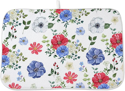 Blue Red Floral Dish Drying Mats 18x24 Inch Independence Day Flower Drying Mats 4th Of July Outdoor Decorations Absorbent Memorial Day Drying Dish Mats for Kitchen Dining Room Counter Decor
