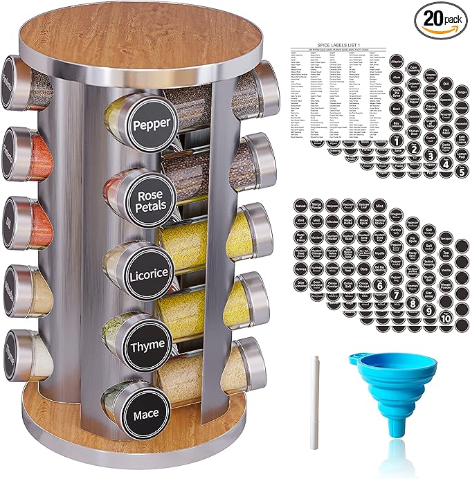 Revolving Spice Rack Set with 20 Spice Jars, Kitchen Spice Tower Organizer for Countertop or Cabinet -- Carousel Storage Includes 386 Spice Labels -- Desktop Rotating Seasoning Organizer by NewEnglandStories