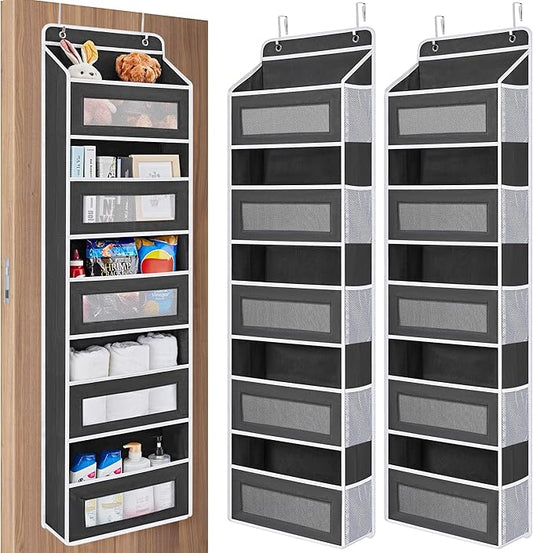 JARLINK 2 Pack Over the Door Organizer Storage, 5 Shelf Hanging Door Organizer with 5 Large Capacity Pockets, Anti Tilt 44 lb Load Behind Door Storage for Bedroom, Bathroom, Pantry, Nursery, (Black)