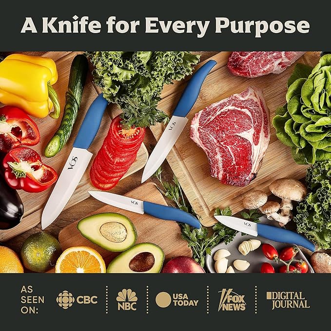 Vos Ceramic Knife Set with Block, Ceramic Knives Set For Kitchen, Ultra Sharp Kitchen Knife Set with Covers, 3" 4" 5" 6" Chef Knife, Utility, Paring & Versatile, Lightweight, Dishwasher safe (Blue)
