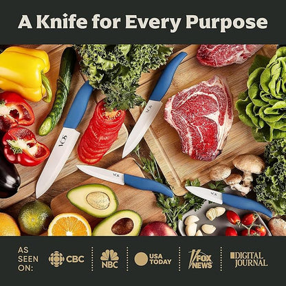 Vos Ceramic Knife Set with Block, Ceramic Knives Set For Kitchen, Ultra Sharp Kitchen Knife Set with Covers, 3" 4" 5" 6" Chef Knife, Utility, Paring & Versatile, Lightweight, Dishwasher safe (Blue)