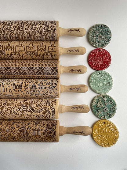 LOVE BIRDS Embossing Rolling Pin – Laser Engraved Dough Roller with hearts and birds pattern. Great for cookies, clay crafts, and a charming gift. By Algis Crafts