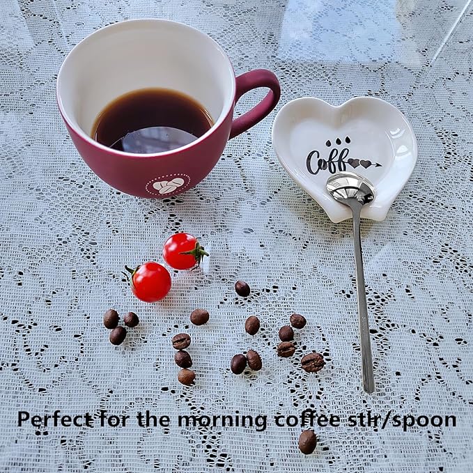 Heart-shaped Coffee Spoon Rest, Mini Coffee Spoon Holder, Small Ceramic Spoon Rest for Coffee Stirrers, Teaspoon, Bar Spoon, Coffee Bar Accessories, Coffee Station (White+Sliver spoon) - Image 5