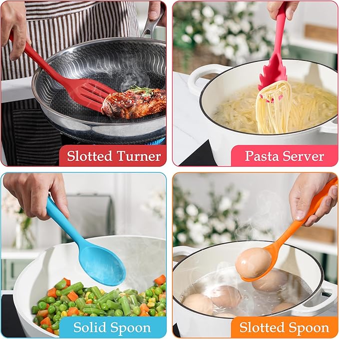 LIANYU 8Pcs Kitchen Cooking Utensils Set, Silicone Utensils Spatula Set, Heat Resistant Cooking Gadgets for Nonstick Cookware, Include Silicone Spoon, Turner, Spatula, Ladle, Multi-Color - Image 5