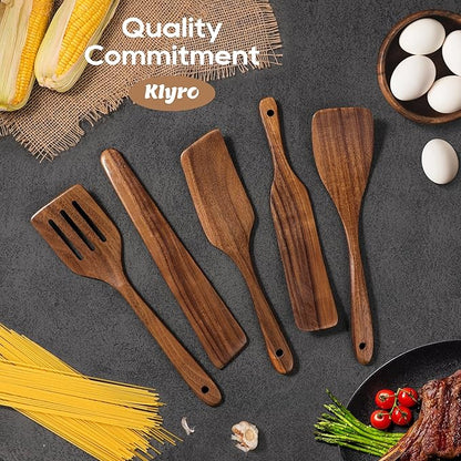 KLYRO 5 PCS Wooden Spatula Set, Natural Teak Wooden Spoons for Cooking, Nonstick Cookware Safe Kitchen Utensils Set, Durable & Elegant Cooking Utensils Gift Set - Image 7