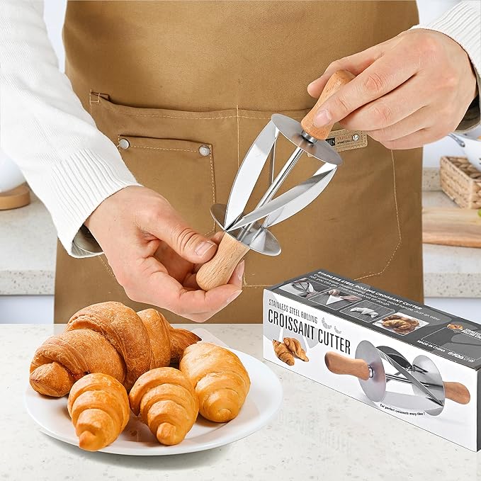 Stainless Steel Croissant Cutter, Irregular Roller Cutter with Wooden Handle, Useful Kitchen Baking Tool