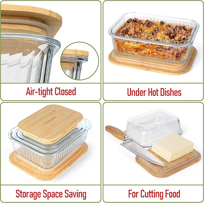 Ribbed Glass Tupperware Set with Bamboo Lids - 4 Stackable Meal Prep Containers. Durable heat resistant Inert Borosilicate Glass - Image 3