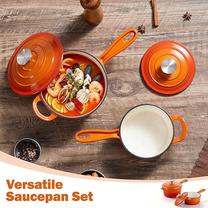 Homikit 1 QT & 2 QT Saucepan Set, Enameled Cast Iron Saucepan with Lid for All Cooktops, Small Pot Mini Dutch Oven for Kitchen Cooking, Boiling, Nonstick & Heavy Duty, Flame Orange