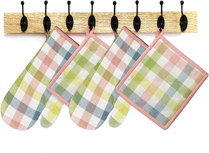 COTTON CRAFT Oven Mitt and Pot Holder Set - Gingham Buffalo Check 2 Oven Mitts 2 Pot Holders Set - Easter Spring Cotton Extra Long Mitt - Insulated Heat Resistant Quilted Kitchen Glove - Yellow Multi - Image 4