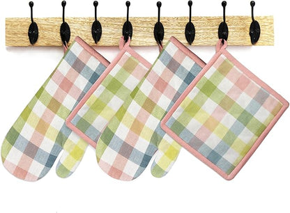 COTTON CRAFT Oven Mitt and Pot Holder Set - Gingham Buffalo Check 2 Oven Mitts 2 Pot Holders Set - Easter Spring Cotton Extra Long Mitt - Insulated Heat Resistant Quilted Kitchen Glove - Yellow Multi - Image 4