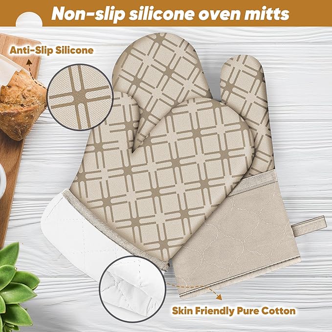 Oven Mitts and Pot Holders Set with Dishcloths, 500 Degree Heat Resistant Oven Gloves and Hot Pads, Premium Soft Cotton Kitchen Mittens and Dish Cloth Sets-Beige - Image 3