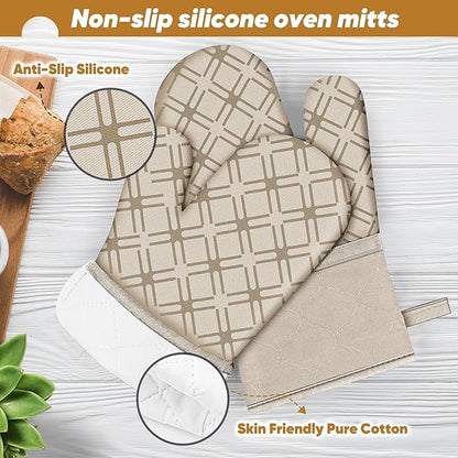 Oven Mitts and Pot Holders Set with Dishcloths, 500 Degree Heat Resistant Oven Gloves and Hot Pads, Premium Soft Cotton Kitchen Mittens and Dish Cloth Sets-Beige - Image 3
