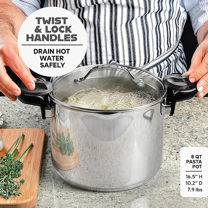 GOTHAM STEEL 8 Qt Nonstick Pasta Pot with Strainer Lid, Stainless Steel Stock Pot, Twist & Lock Handles, 2 Strainer Sizes, PFOA Free, for Soup & Spaghetti, Induction Ready, Oven & Dishwasher Safe - Image 3