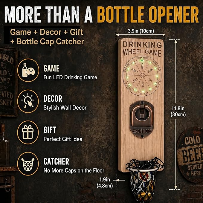 Magnetic Bottle Openers with Catcher, Wall Mounted Wooden Beer Bottle Opener with Game Roulette, Traceless Corkscrew, Home Bar Accessories for Kitchen, Outdoor, Ideal Beer Gifts for Men (Style 11)