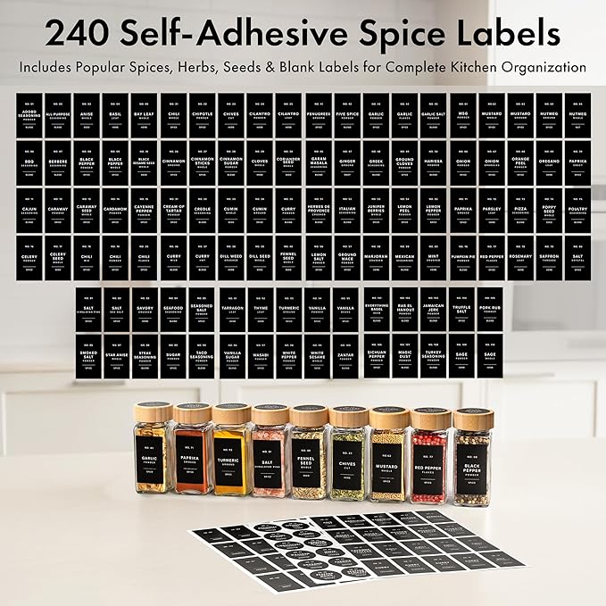 EDELHAUS® Square Spice Jars with Bamboo Wooden Lid (Pack of 36) Spice Jars with Shaker Insert and 240 Labels - Bamboo Lid Glass Container for Spice Organisation [4.3 in × 1.8 in] - Image 7