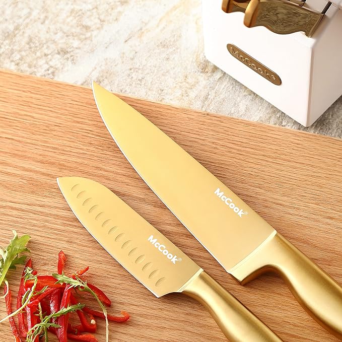 McCook® Kitchen Knife Sets, Golden Titanium Stainless Steel Knives Block Set with Built-in Sharpener - Image 7