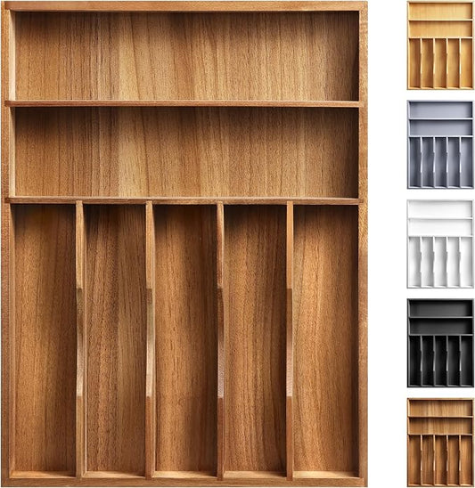 Kitchen Acacia Silverware Organizer - Extra Deep Grooved Drawer Divider, 7 Slot Utensil Organizer by oridom