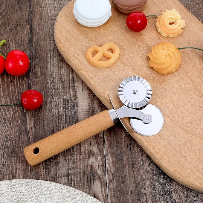 Oruola Pastry Cutter for Baking,Double Fluted Pastry Cutter Wheel,Double-Blade Pasta Cutters,Stainless Steel Double Roller Dough Cutters with Wooden Handle for Pizza,Ravioli,Cookies