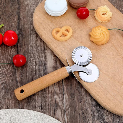Oruola Pastry Cutter for Baking,Double Fluted Pastry Cutter Wheel,Double-Blade Pasta Cutters,Stainless Steel Double Roller Dough Cutters with Wooden Handle for Pizza,Ravioli,Cookies