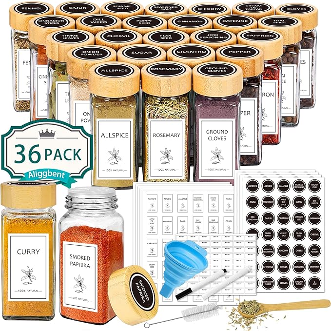 Aliggbent Spice Jars with Lable, 36 Pcs 4 oz Glass Spice Jars with Bamboo Lids, Spice Containers Bottles, Glass Seasoning Jars with Shaker Lids, Collapsible Funnel, for Spice Racks, Pantry,Cupboard by AliggbentGoodChoice