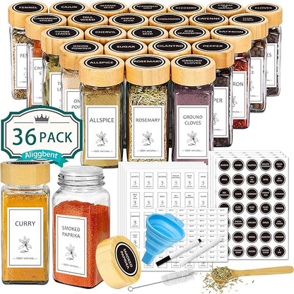 Aliggbent Spice Jars with Lable, 36 Pcs 4 oz Glass Spice Jars with Bamboo Lids, Spice Containers Bottles, Glass Seasoning Jars with Shaker Lids, Collapsible Funnel, for Spice Racks, Pantry,Cupboard by AliggbentGoodChoice