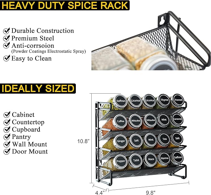 SpaceAid Spice Rack Organizer with 20 Spice Jars, 386 Spice Labels, Chalk Marker and Funnel Set for Cabinet, Countertop, Pantry, Cupboard or Door & Wall Mount - 20 Jars, 9.8" W × 10.8“H, Black - Image 4