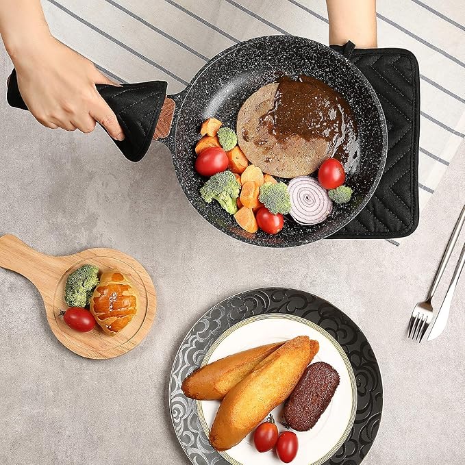 Oven Pot Holder with Pocket Cotton Heat Resistant Coaster Potholder Kitchen Hot Pad Oven Mitts for Cooking Square 7"x9" Set of 3 (Black) - Image 7