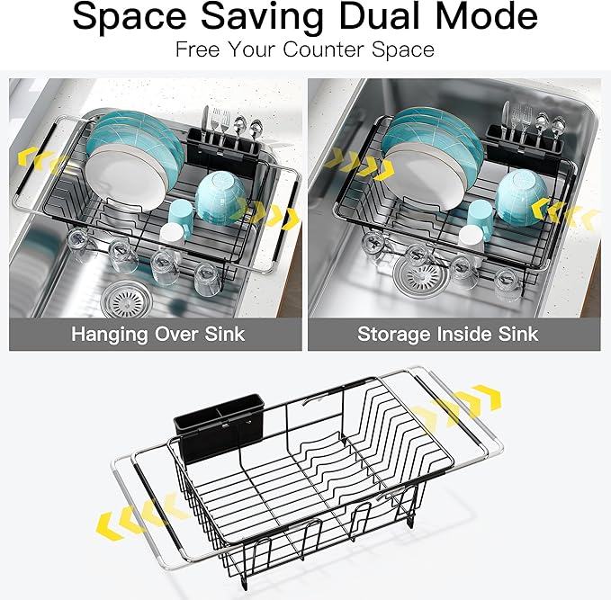 Dish Drying Rack Over the Sink In Stainless Steel Black Expandable Drainer for Small Kitchen, Counter Space Saving Compact Inside Sink Plate Dryer, Adjustable Hanging Metal Wire Strainer Drain Holder - Image 2