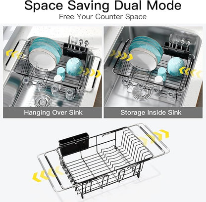 Dish Drying Rack Over the Sink In Stainless Steel Black Expandable Drainer for Small Kitchen, Counter Space Saving Compact Inside Sink Plate Dryer, Adjustable Hanging Metal Wire Strainer Drain Holder - Image 2
