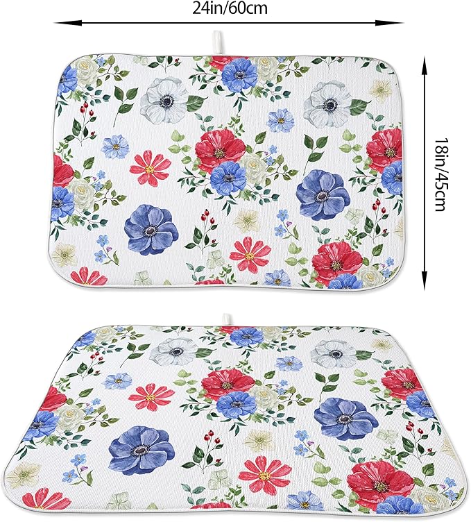 Blue Red Floral Dish Drying Mats 18x24 Inch Independence Day Flower Drying Mats 4th Of July Outdoor Decorations Absorbent Memorial Day Drying Dish Mats for Kitchen Dining Room Counter Decor